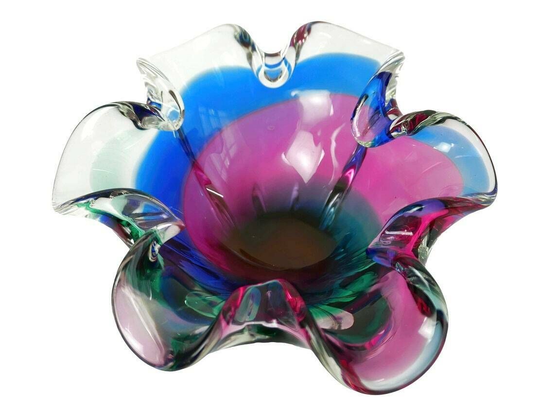 Murano Italian Art Glass Dish, Green Pink Blue Swirl, 1960’s photo for sale