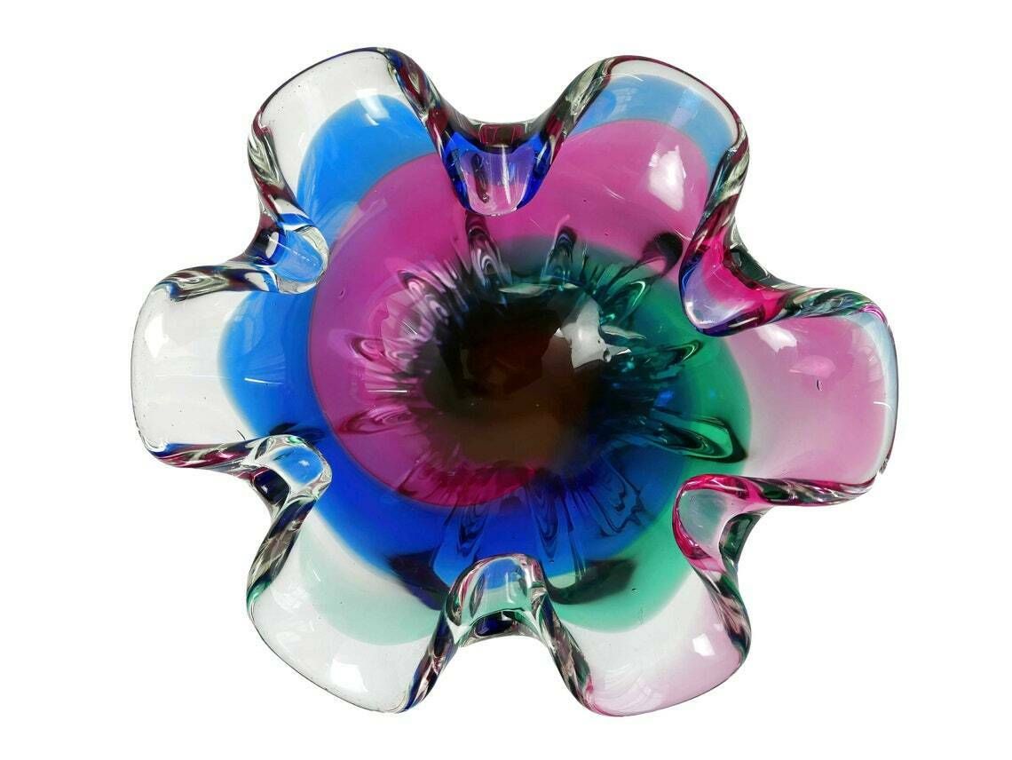 Murano Italian Art Glass Dish, Green Pink Blue Swirl, 1960’s photo Home Decor
