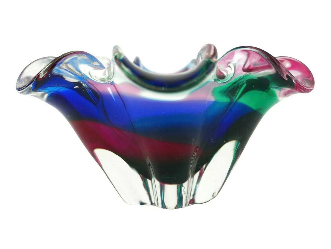 Murano Italian Art Glass Dish, Green Pink Blue Swirl, 1960’s photo vintage