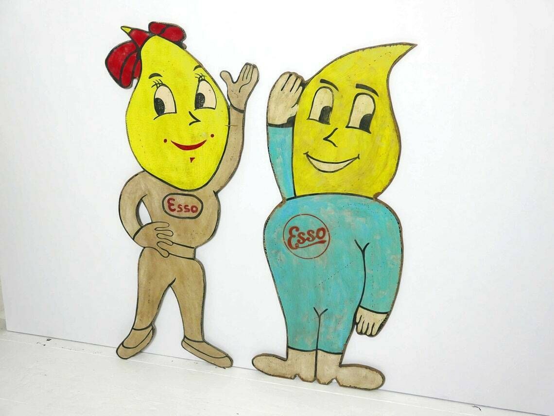 Vintage Pair Of Large Wooden Hand Painted Esso Characters, 1960s photo furniture