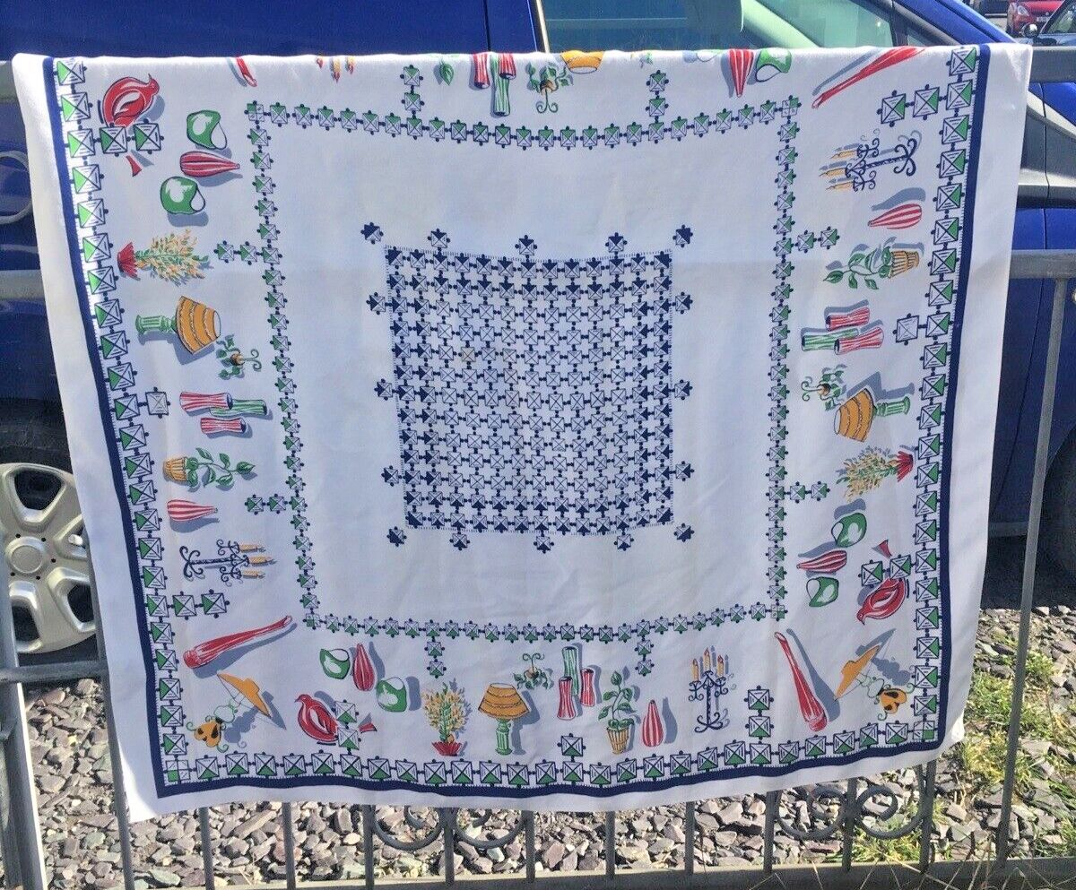Mid Century Modern 50's Furnishings Square Colourful Table Cloth Vintage Retro
