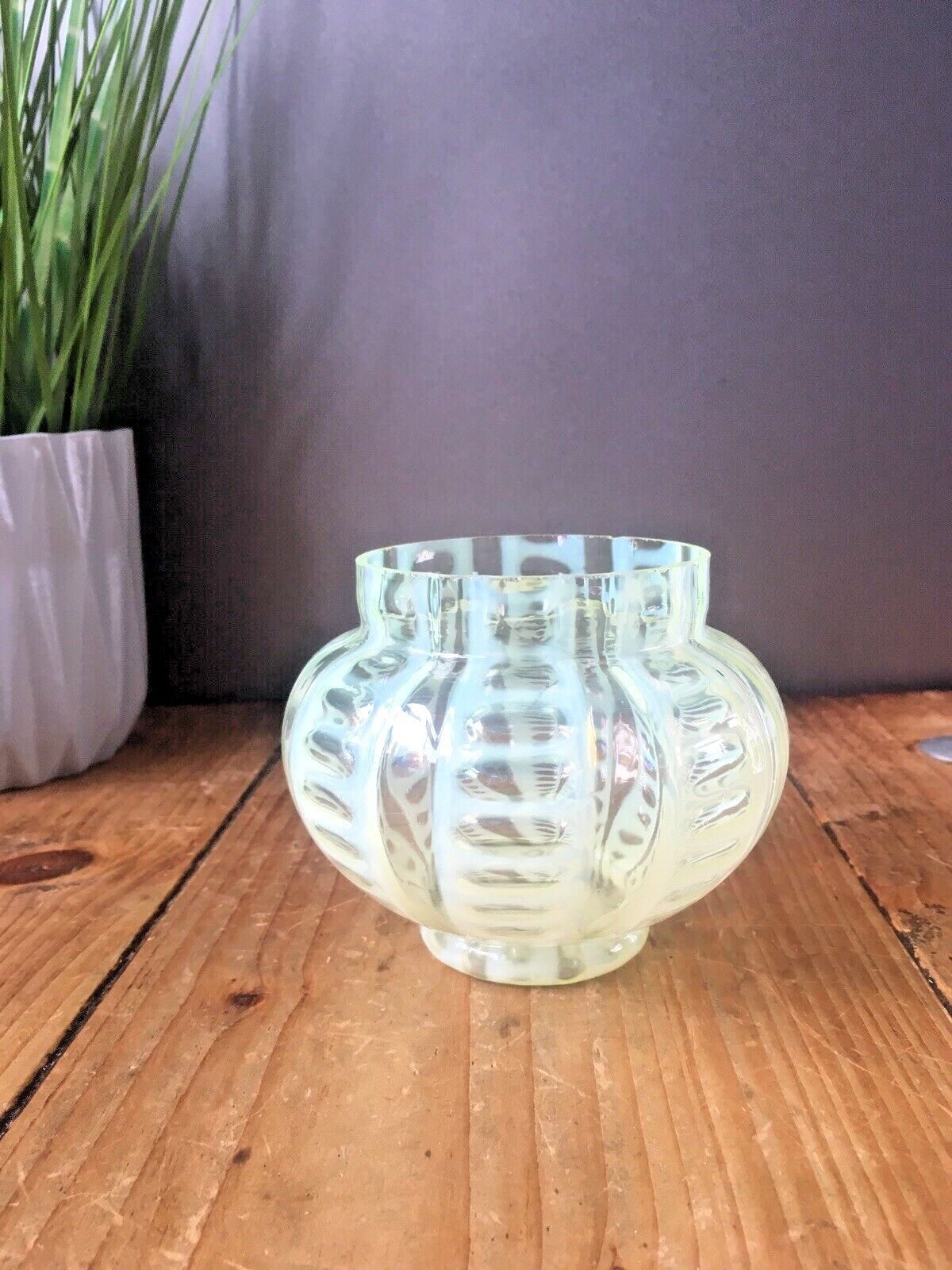 Antique Vaseline Glass Opalescent Uranium Posy Flower Frog Vase Sugar Bowl ? photo vinterior