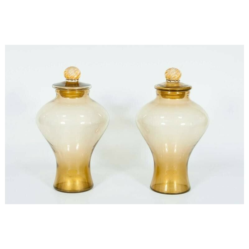 photo for sale Pair Of Italian Vases In Transparent Murano Glass And 24 Karat Gold