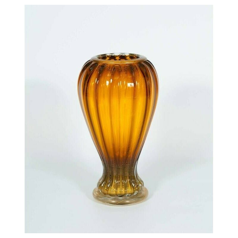 Pair Of Italian Vases In Murano Glass Amber And Gold 1990s photo furniture