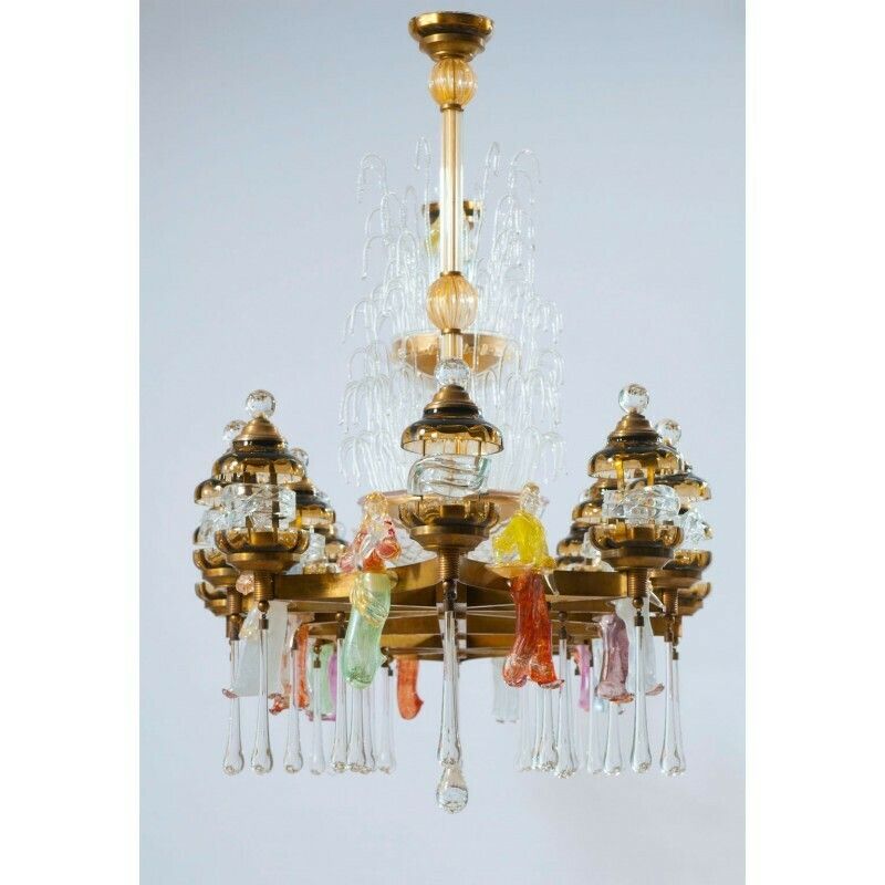 Flush Mount Blown Murano Glass Colorful Statues And Brass 1950s Italy * photo for sale