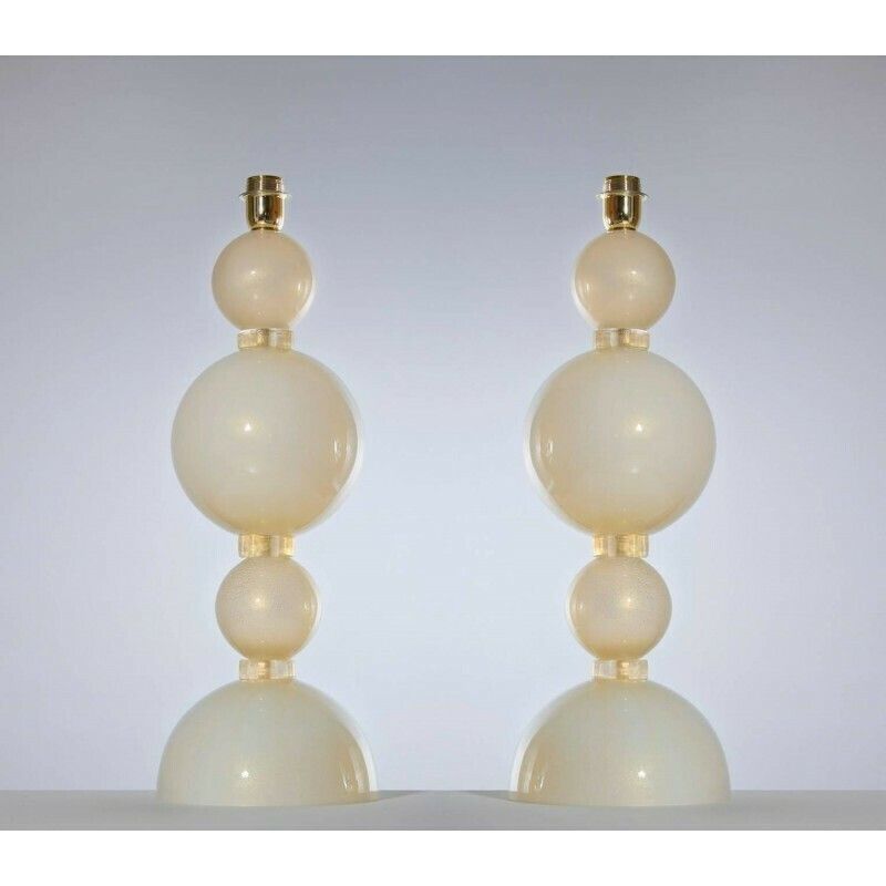 Italian Venetian Pair Of Table Lamps Blown Murano Glass Ivory And Gold, 1970s photo furniture