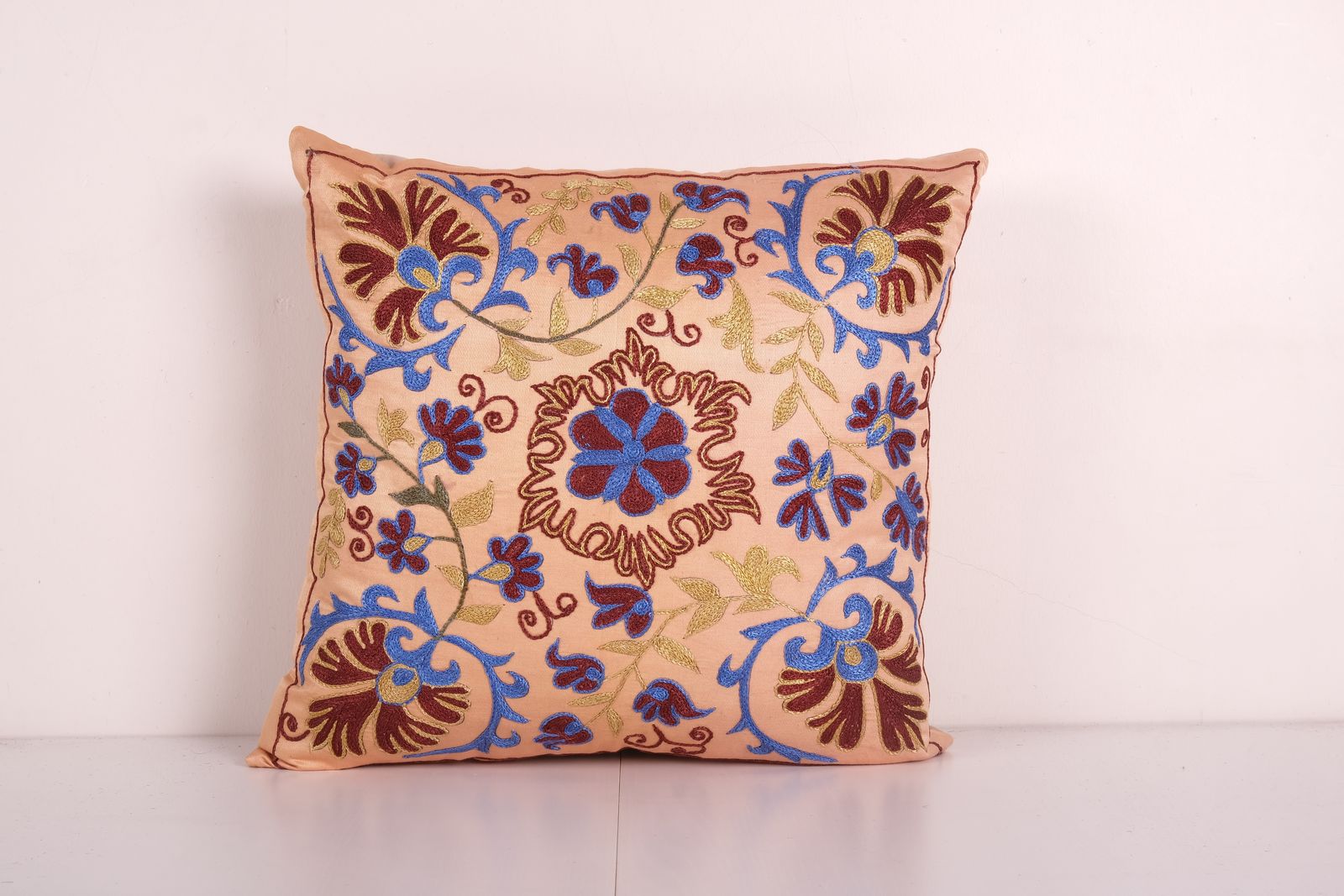 Handmade Silk Suzani  Cover, Salmon Embroidered Uzbek Pillowcase, Designer 18'' X 19''