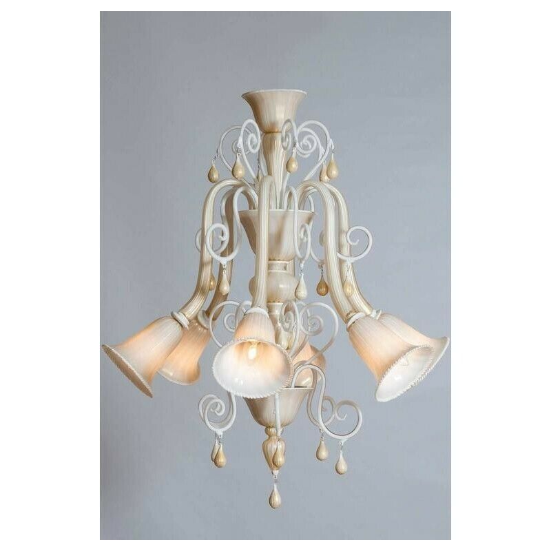 Italian Venetian, Chandelier Blown Murano Glass, Ivory & Gold 24k, Seguso, 1990s photo furniture