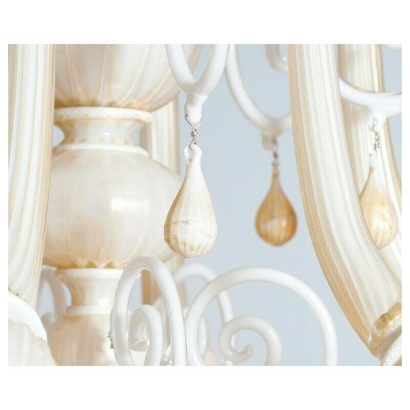 photo furniture Italian Venetian, Chandelier Blown Murano Glass, Ivory & Gold 24k, Seguso, 1990s