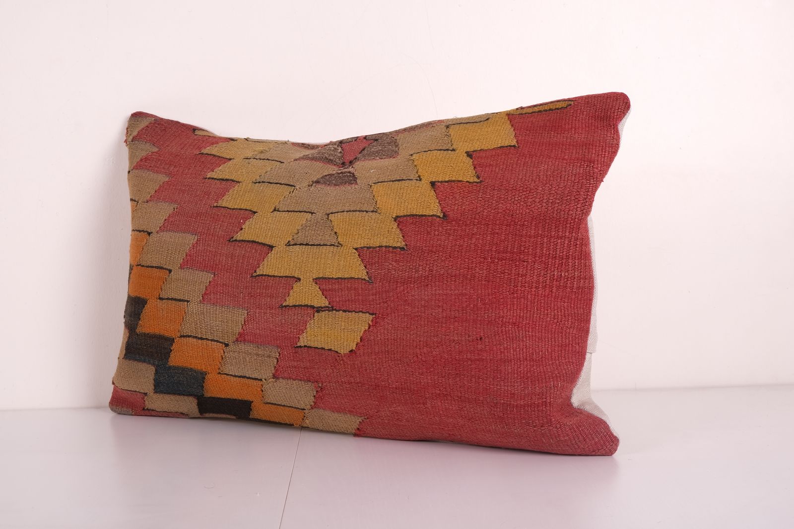 Turkish Geometrical Kilim Lumbar Pillow Cover, Handwoven Kilim Lumbar, Ethnic Pillow, Bohemian Carpet Pillow, Boho Pillow 16'' X 24'' photo furniture