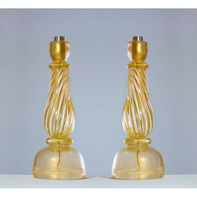 Italian Massive Pair Of Table Lamps In Murano Glass, Gold 24 Karat photo for sale