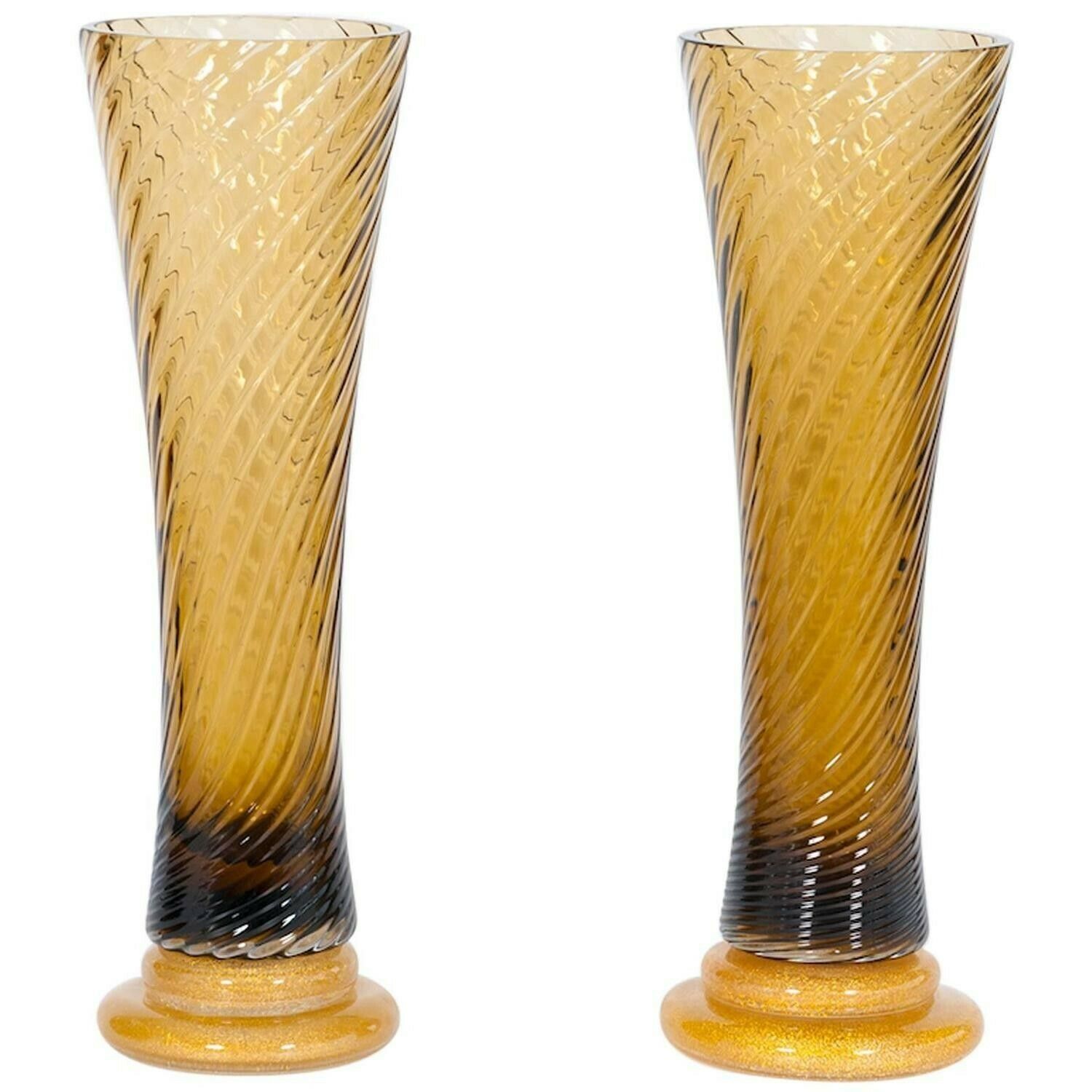 Giant Pair Of Amber And Gold Glasses Vase In Blown Murano Glass 1980s