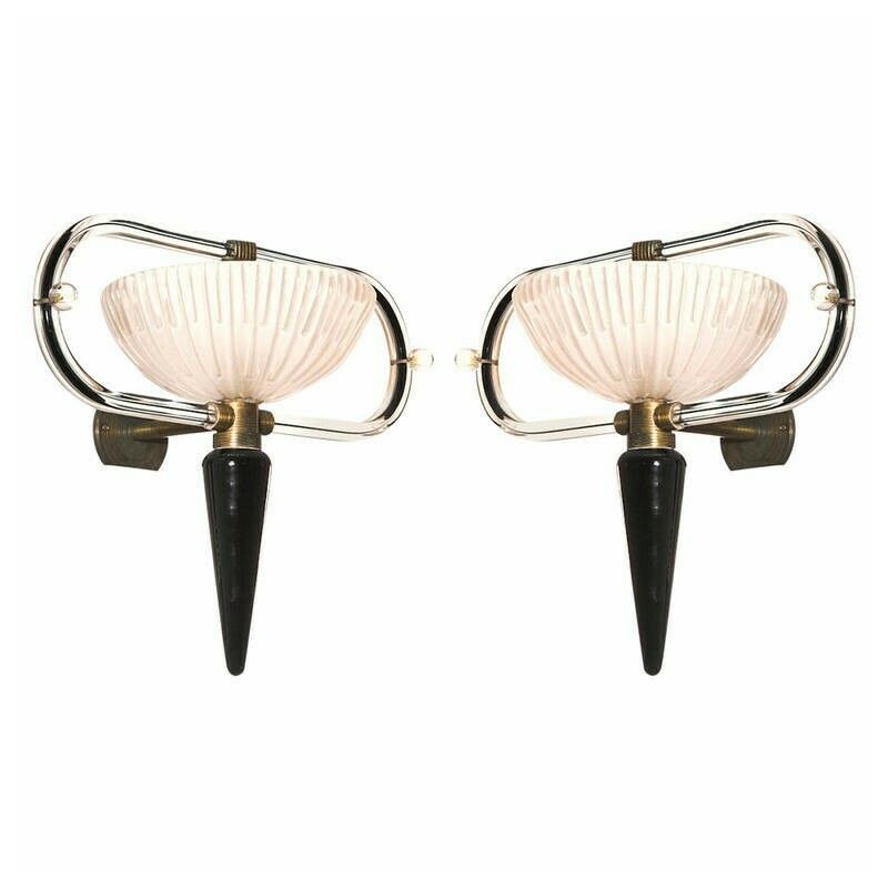 Pair Of Sconces In Blown Murano Glass Black & White Camer Glass 1960s Italy
