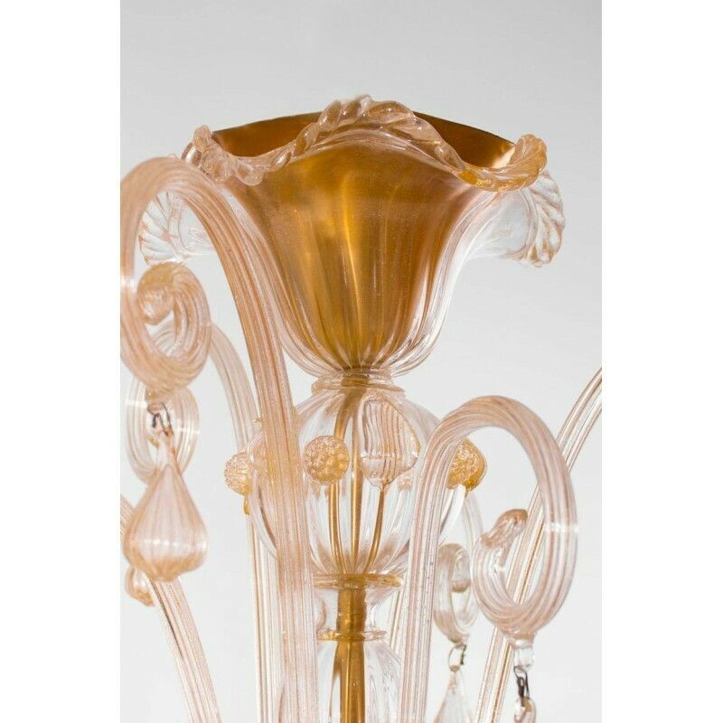 Italian Chandelier In Gold And Blown Murano Glass, Big Bells And Pendants 1970s photo vintage