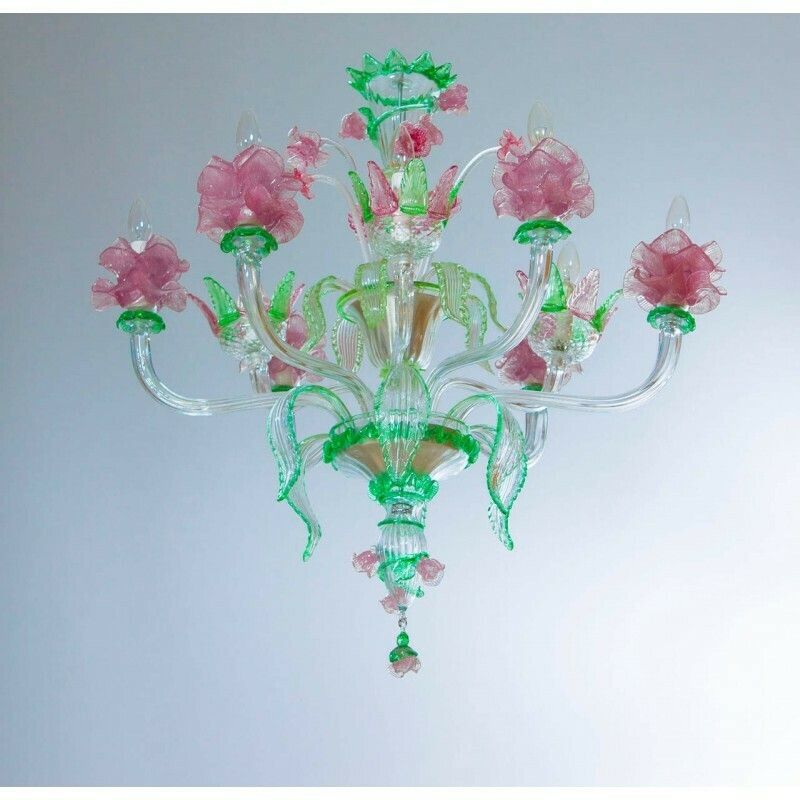 Handcrafted Italian "Flower" Murano Glass Chandelier Green And Pink 1990s photo furniture