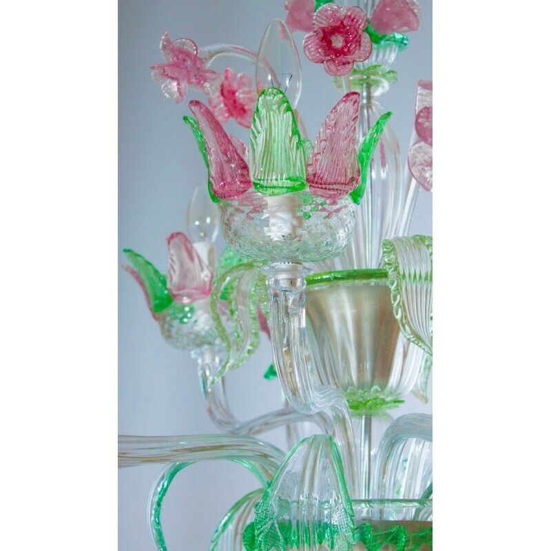 Handcrafted Italian "Flower" Murano Glass Chandelier Green And Pink 1990s photo vinterior