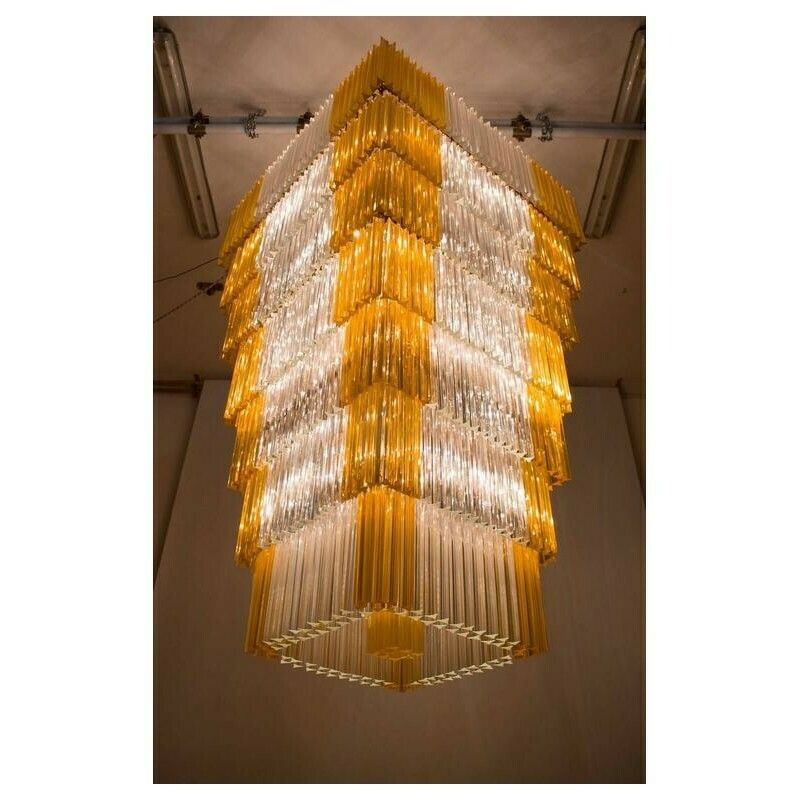 photo furniture Massive Italian Flush Mount In Blown Murano Glass Clear Color And Amber, 1960s