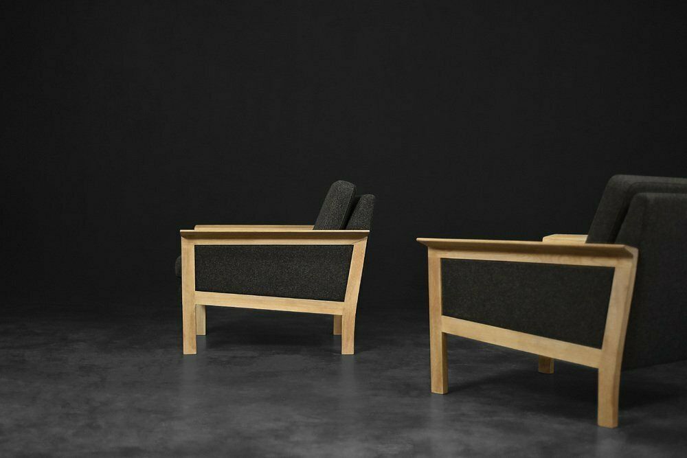 photo for sale Mid Century Modern Danish Oak And Felt Lounge Chairs, 1960s, Set Of 2