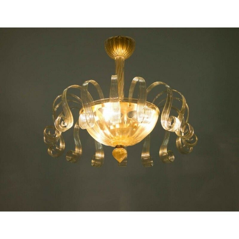 Italian Venetian Flush Mount In Blown Murano Glass Gold 24 K Pastorals 1980s photo furniture