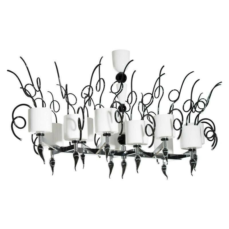 Curly Chandelier Black And White In Blown Murano Glass Contemporary Italy