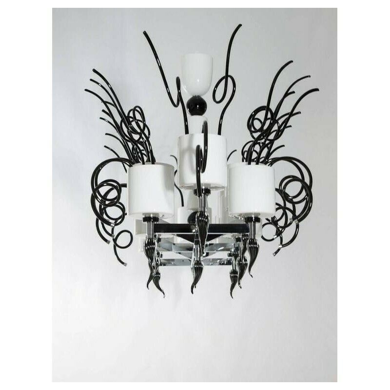 Curly Chandelier Black And White In Blown Murano Glass Contemporary Italy photo vinterior