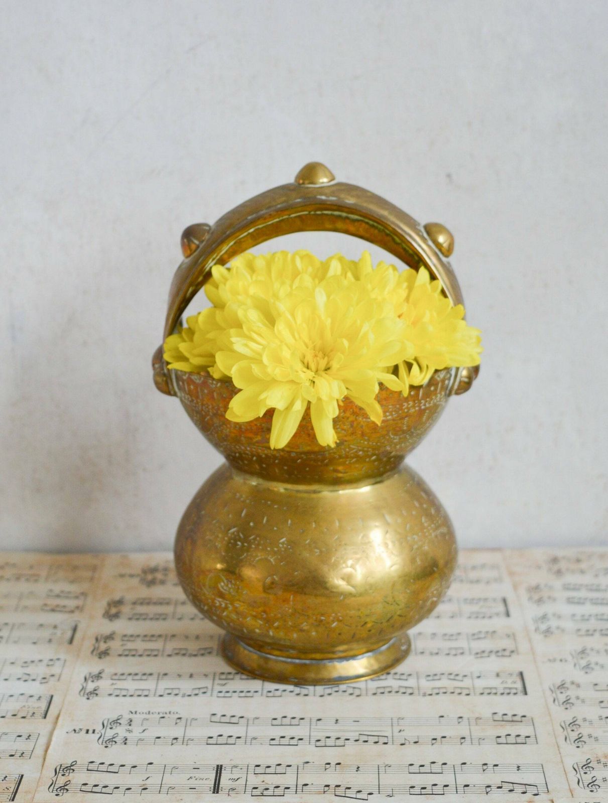 Rare Vintage Solid Brass Etched Planter, Hand Crafted Pot With Studded Handle, Flower, Plant Jardiniere, Candy Pot With Handle
