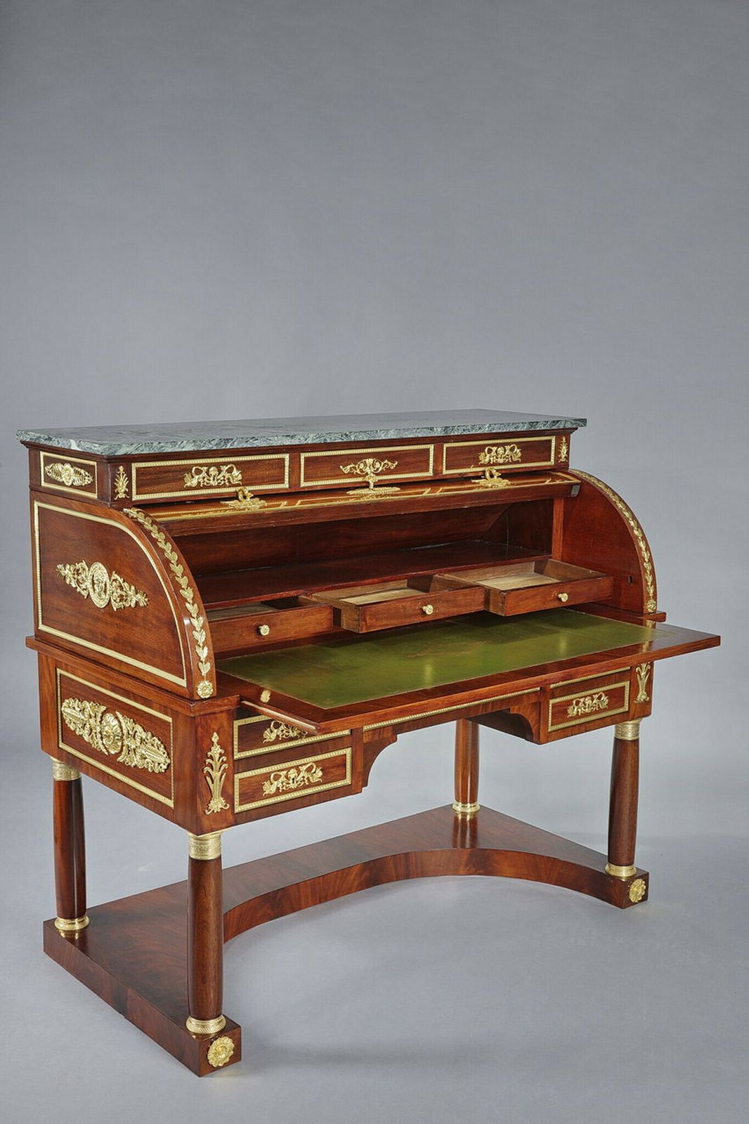 Mahogany And Gilded Bronze Cylinder Desk, Empire Style, 19th Century photo for sale