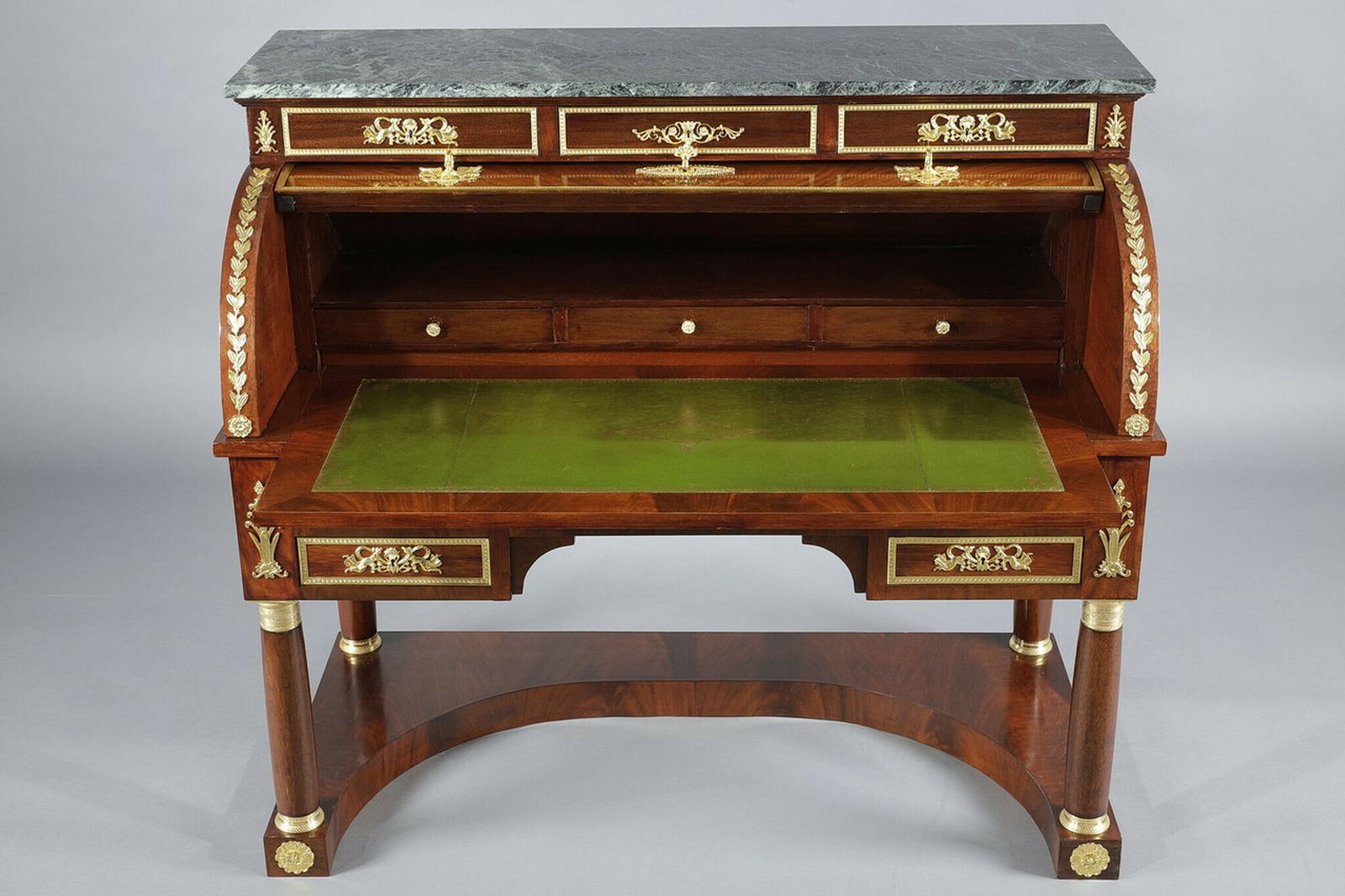 Furniture Mahogany And Gilded Bronze Cylinder Desk, Empire Style, 19th Century photo