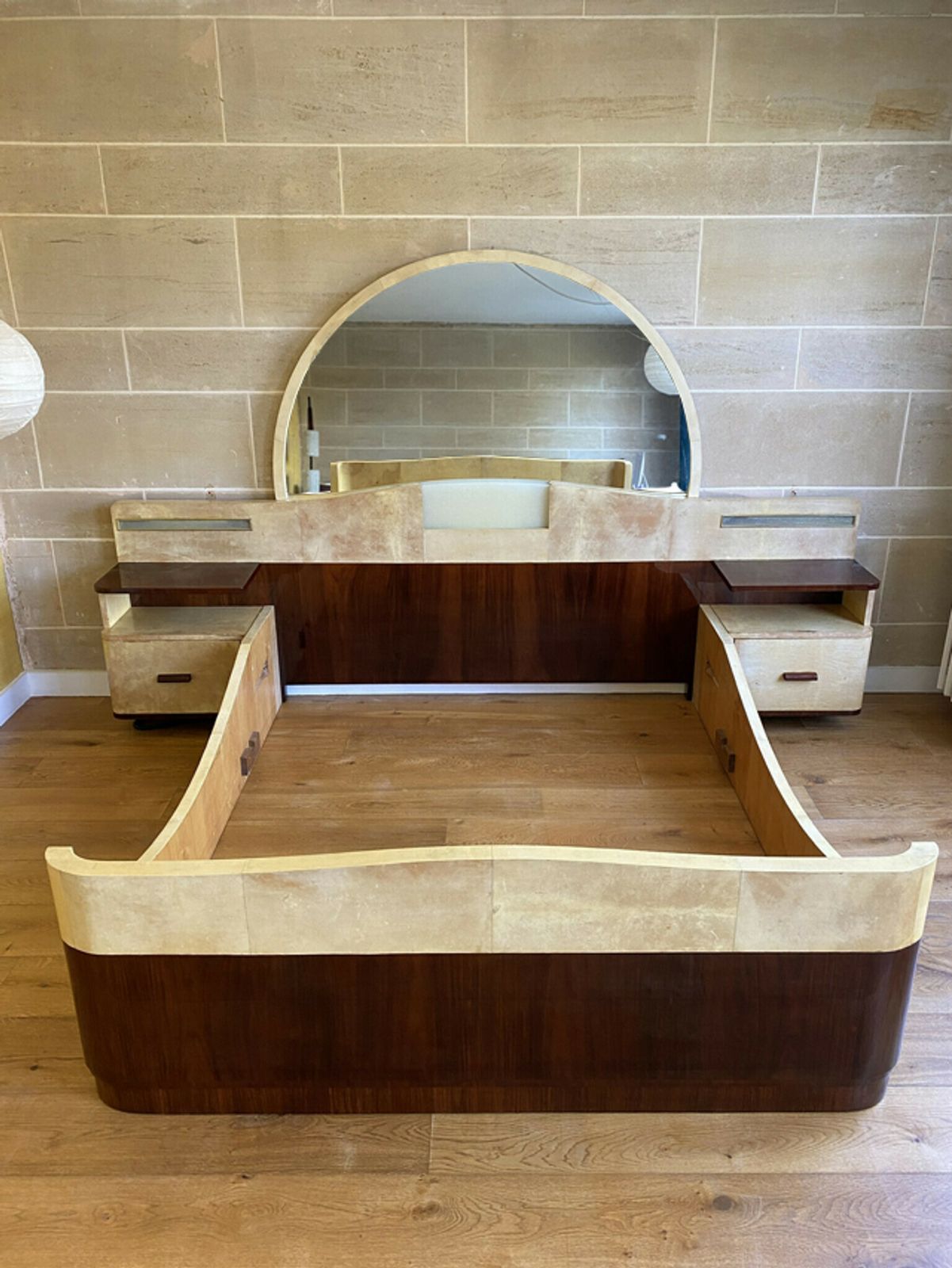 Large Bed With Integrated Bedside Tables In Rosewood And Parchment, Art Deco, 20th Century photo for sale