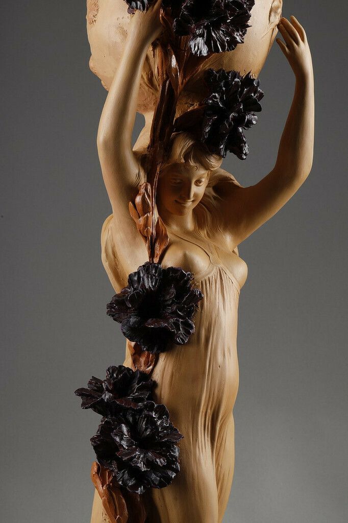 photo buy Polychrome Terracotta Sculpture, "Woman With A Basket" Signed Capaldo, 20th Century
