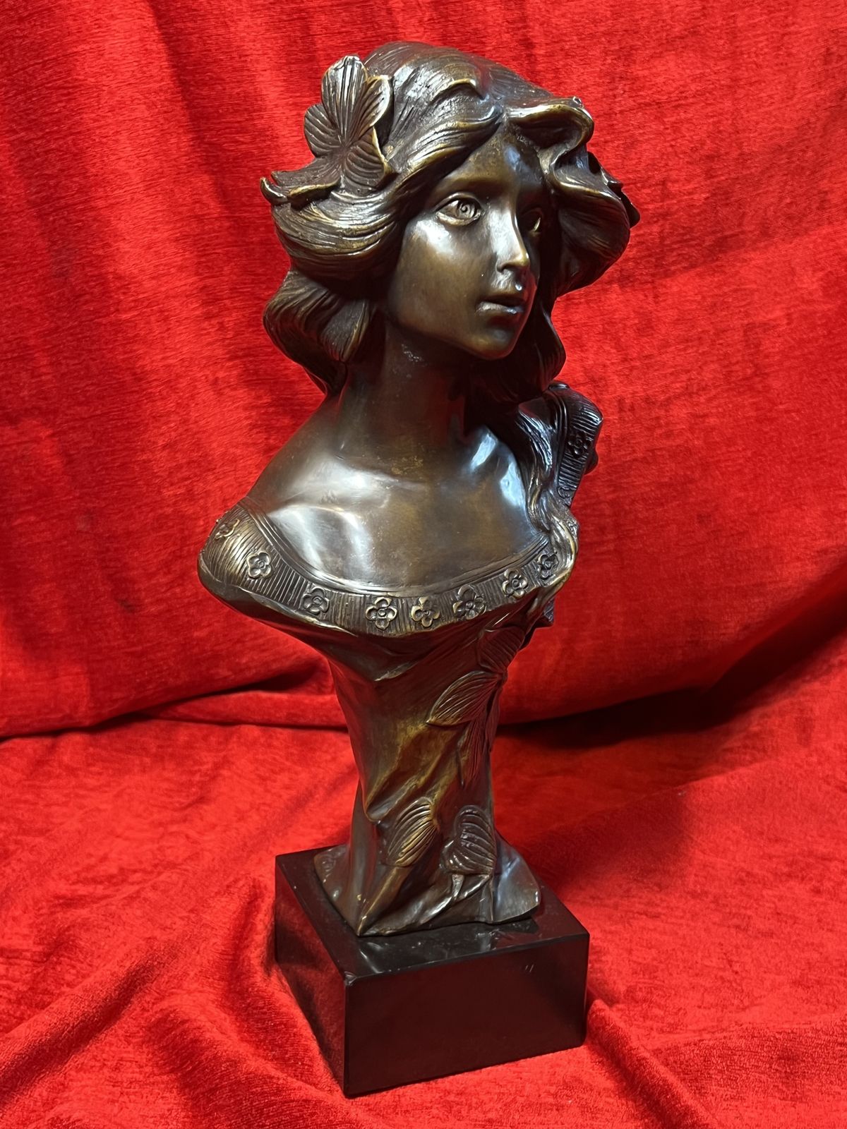 375.0 Art Nouveau Mucha Bronze Idealised Female Bust With Floral Motifs Set Upon Black Marble Base photo