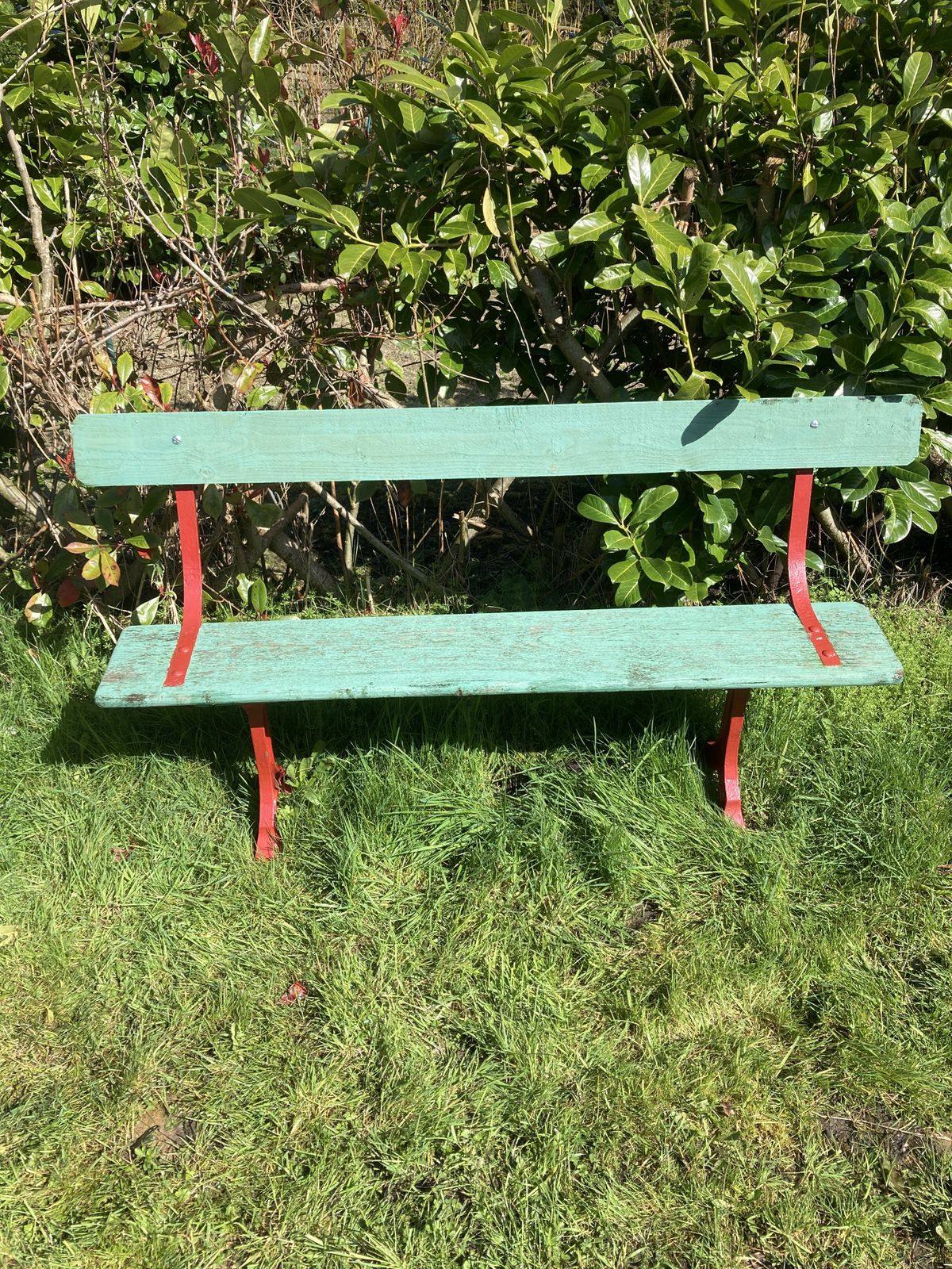 Retro Green And Red Garden Bench (C.H Side Botham) photo for sale
