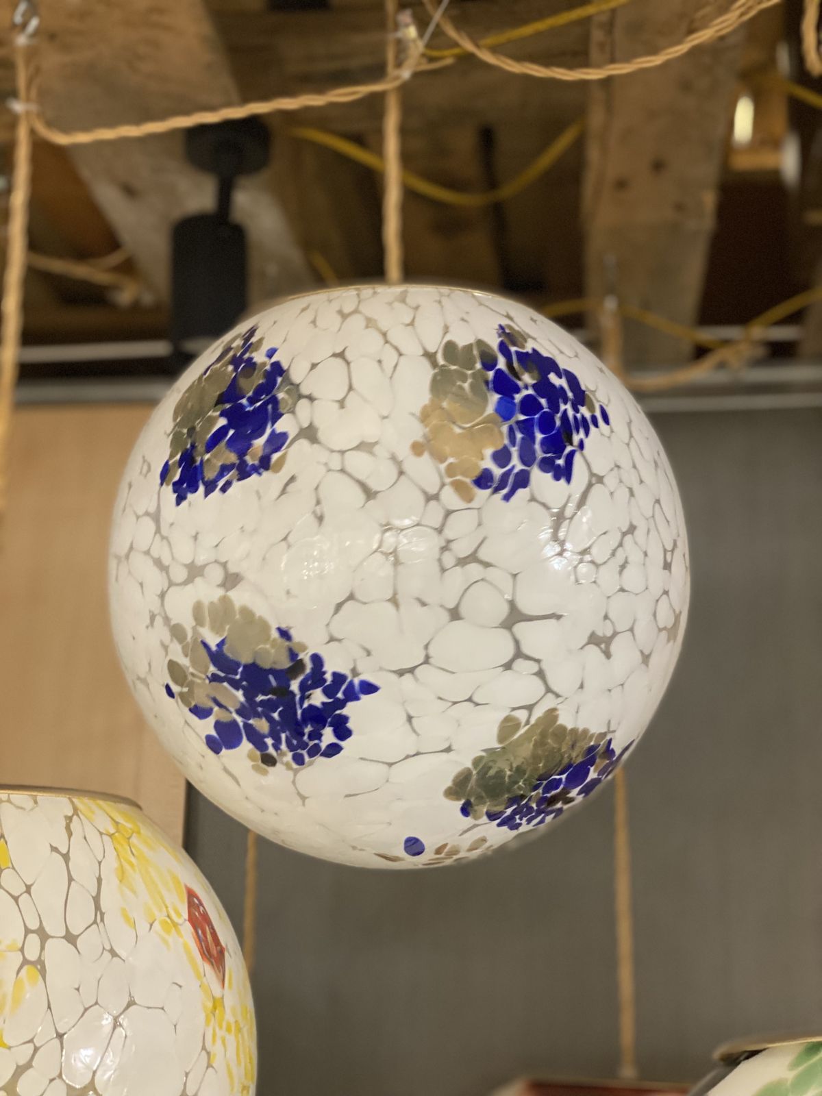 Contemporary Milky White Sphere In Murano Glass With Blue And Gold Leaf Murrine