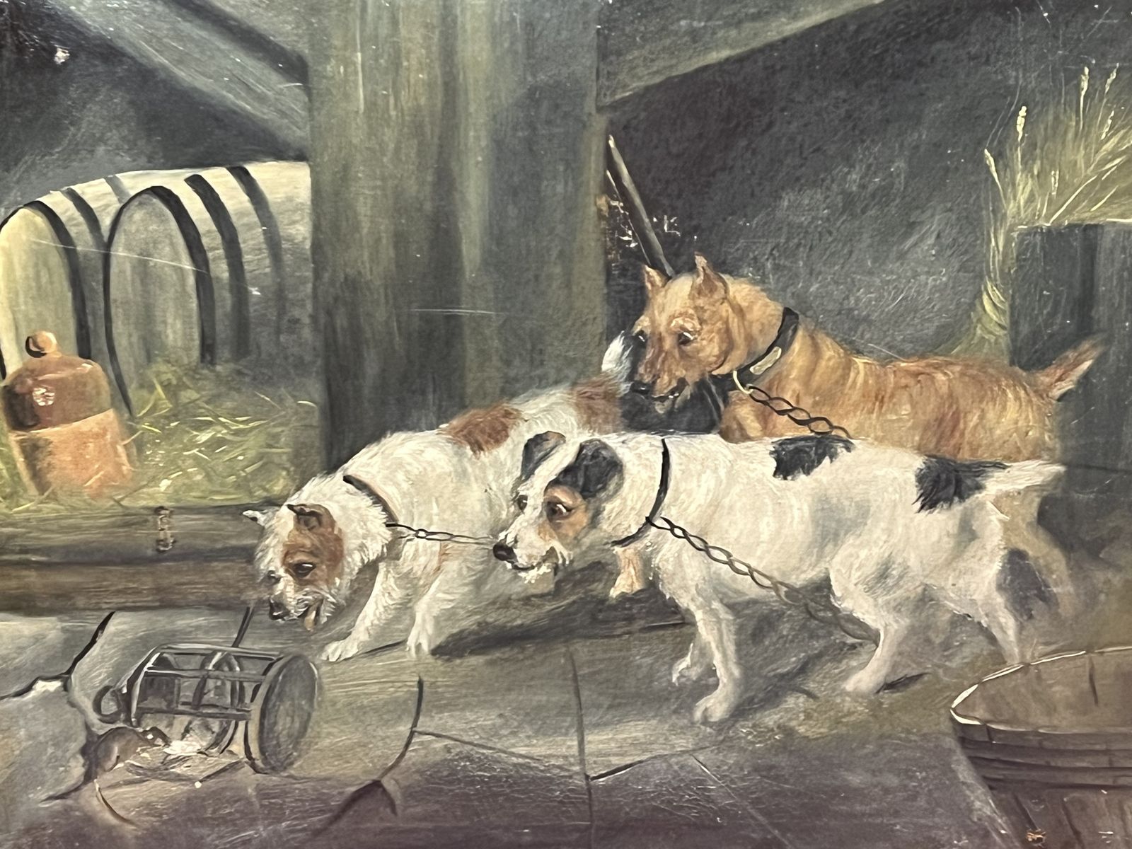 British 19th Century Oil Painting 'Terriers In Baited Breath' In The Manner Of British Artist Robert Cleminson photo Art