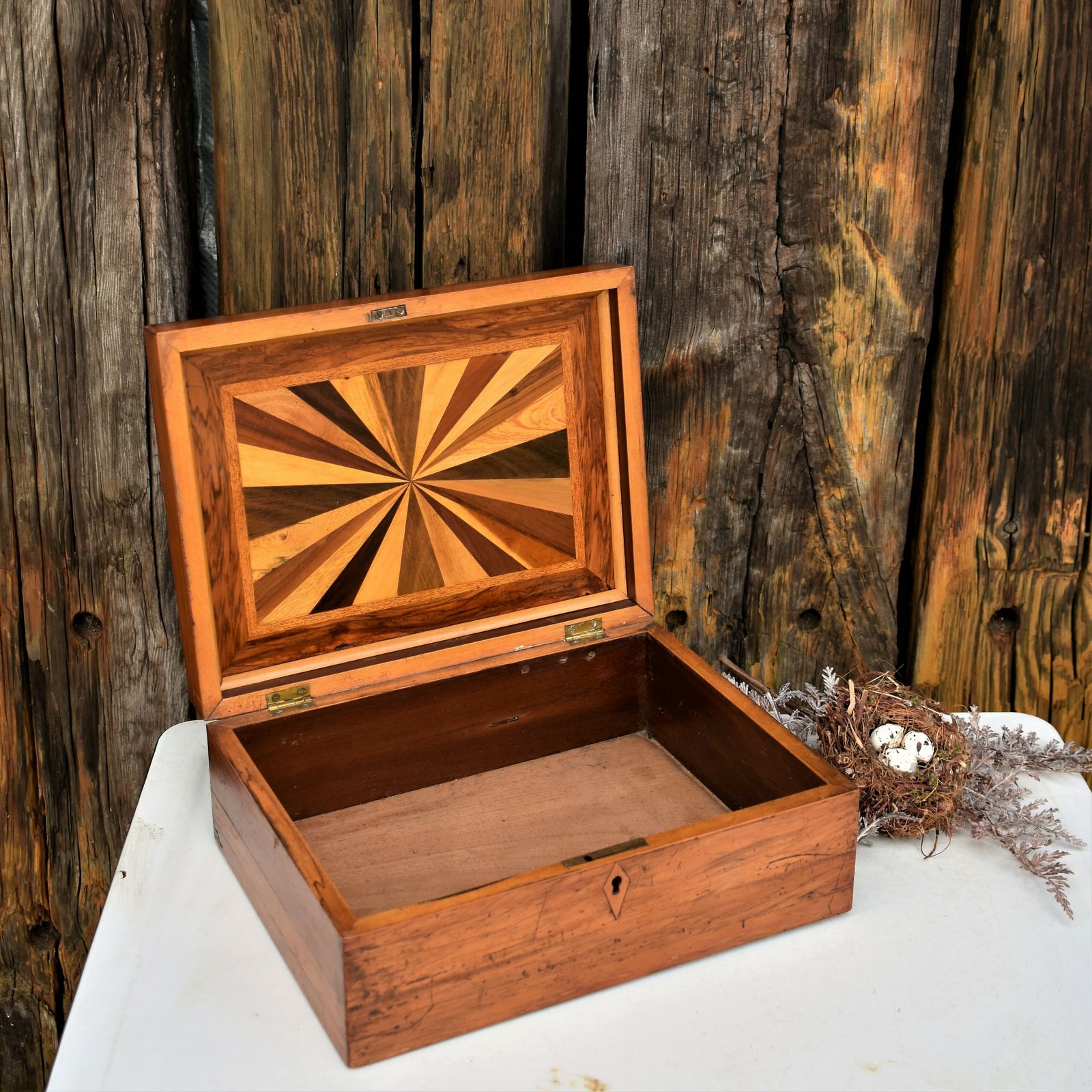 Antique Victorian English Marquetry Specimen Fruit Wood Sewing Jewellery Box photo furniture