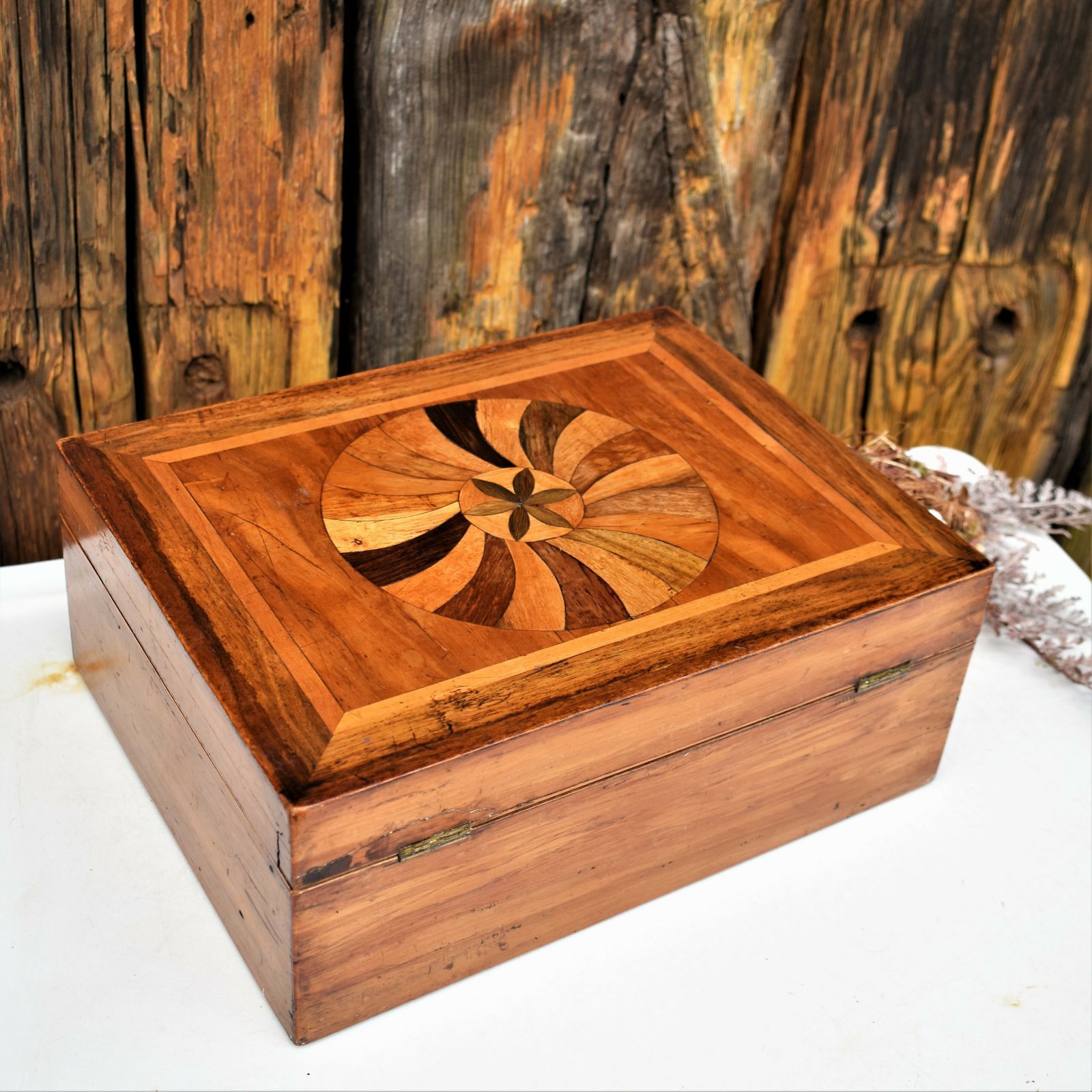 Antique Victorian English Marquetry Specimen Fruit Wood Sewing Jewellery Box photo vintage