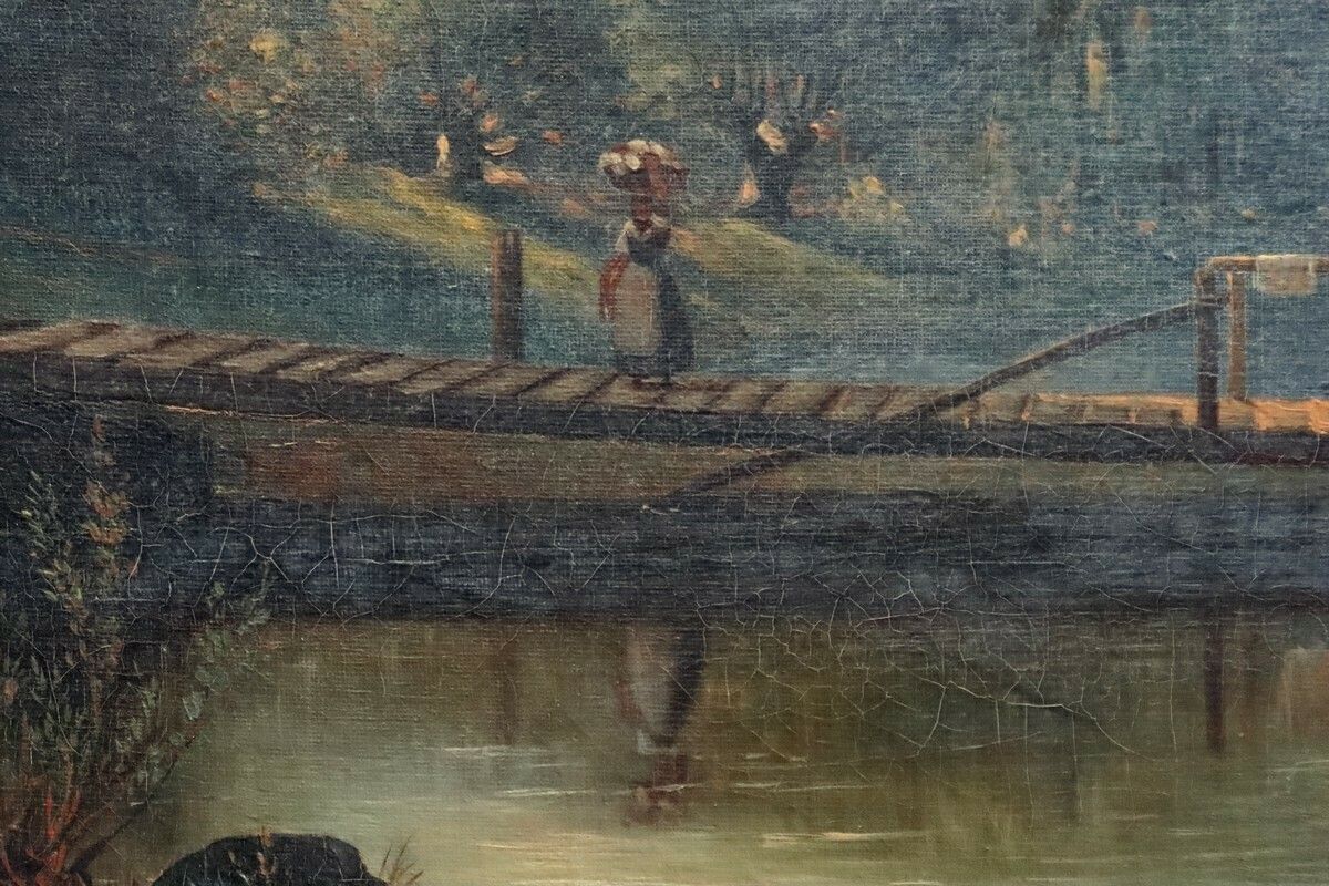 Oil On Canvas “Le Lavoir”, French School Of The 19th Century photo vintage
