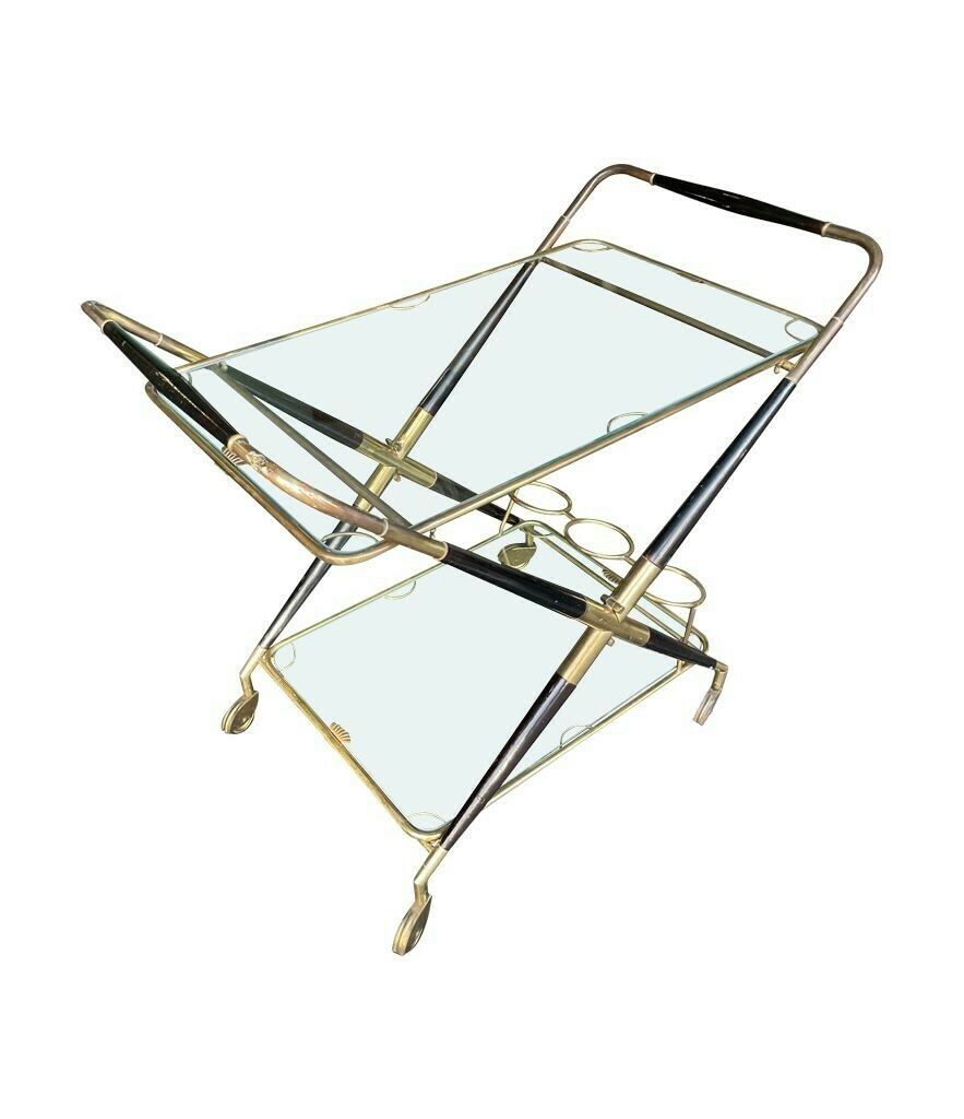 An Italian 1950s Black Lacquer And Brass Folding Bar Trolley By Cesare Lacca photo for sale