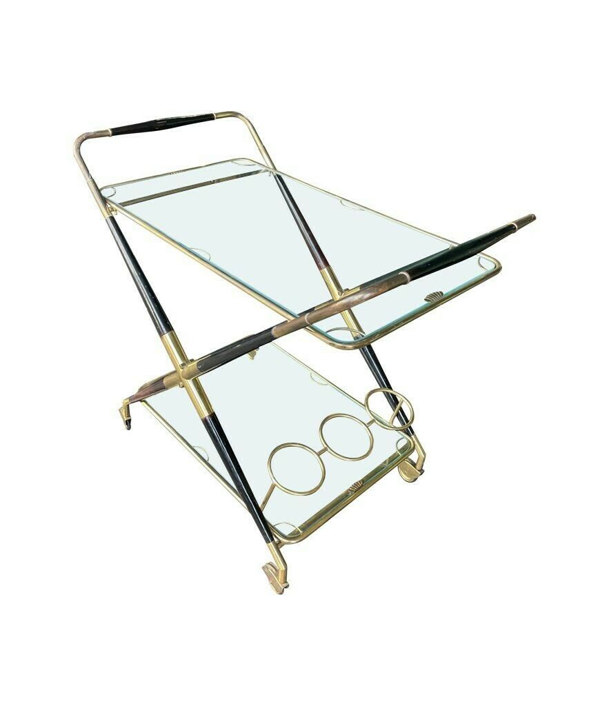 photo for sale An Italian 1950s Black Lacquer And Brass Folding Bar Trolley By Cesare Lacca