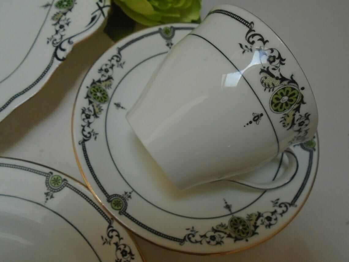 Antique Aynsley White Porcelain Tea Or Coffee Set 2 Demitasse Cups Saucers Tea Plates 1 Cake Serving Plate Black And Green Accents photo vintage