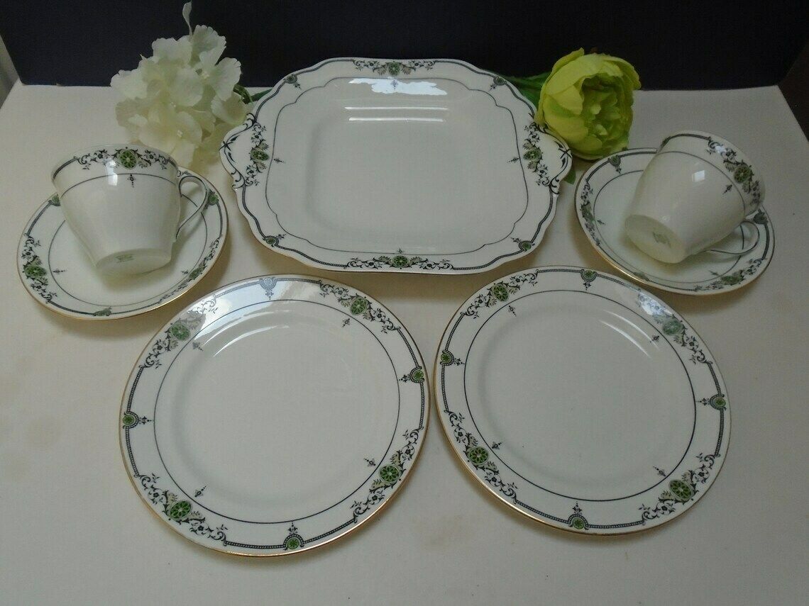 photo for sale Antique Aynsley White Porcelain Tea Or Coffee Set 2 Demitasse Cups Saucers Tea Plates 1 Cake Serving Plate Black And Green Accents