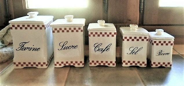 Vintage French Ceramic Red And White Kitchen Cannisters, Set Of 5