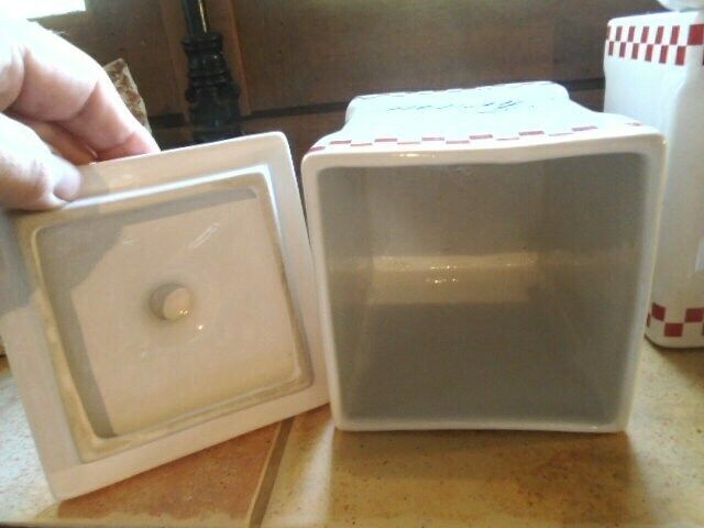 Vintage French Ceramic Red And White Kitchen Cannisters, Set Of 5 photo vinterior