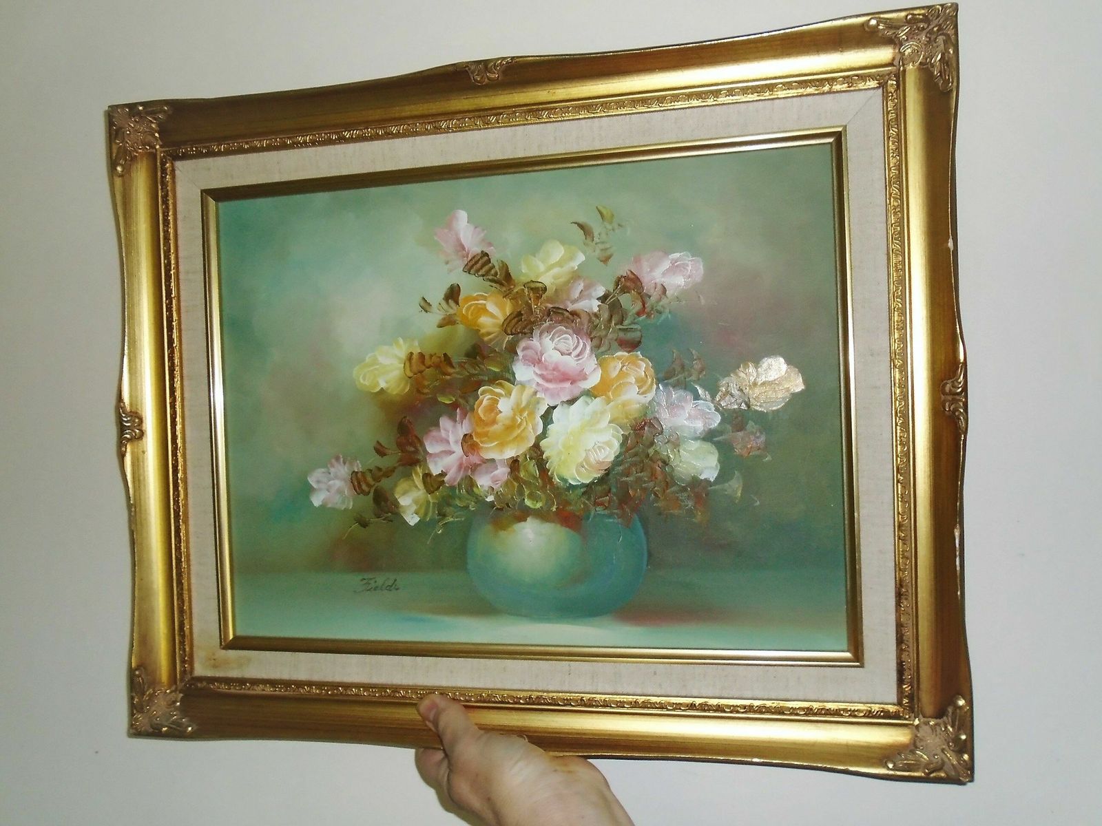 Vintage Original Gilt Framed Still Life Floral Oil Painting Signed By Artist 'Fields', Pastel Rose Wall Art photo 245.0