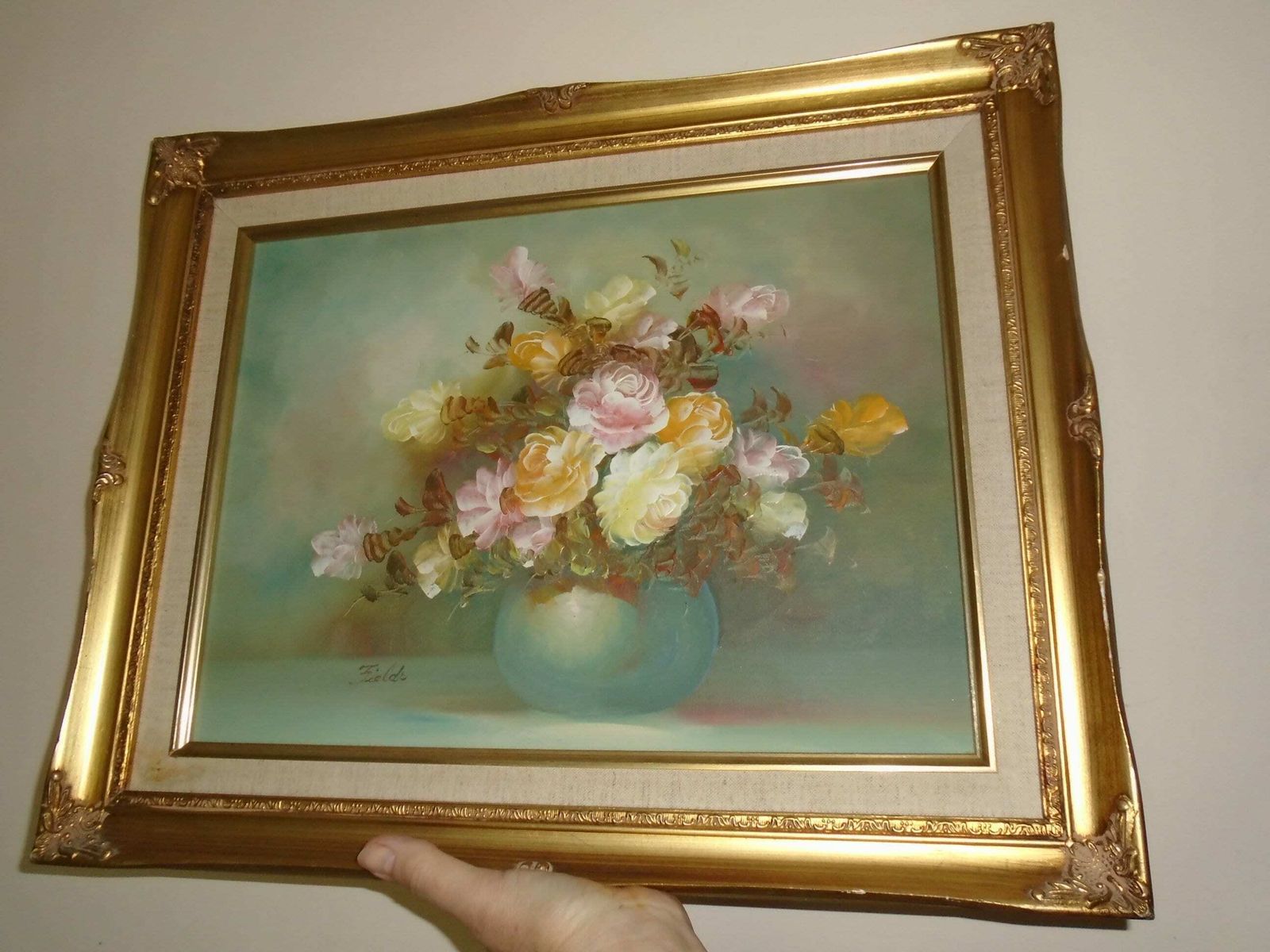 photo for sale Vintage Original Gilt Framed Still Life Floral Oil Painting Signed By Artist 'Fields', Pastel Rose Wall Art