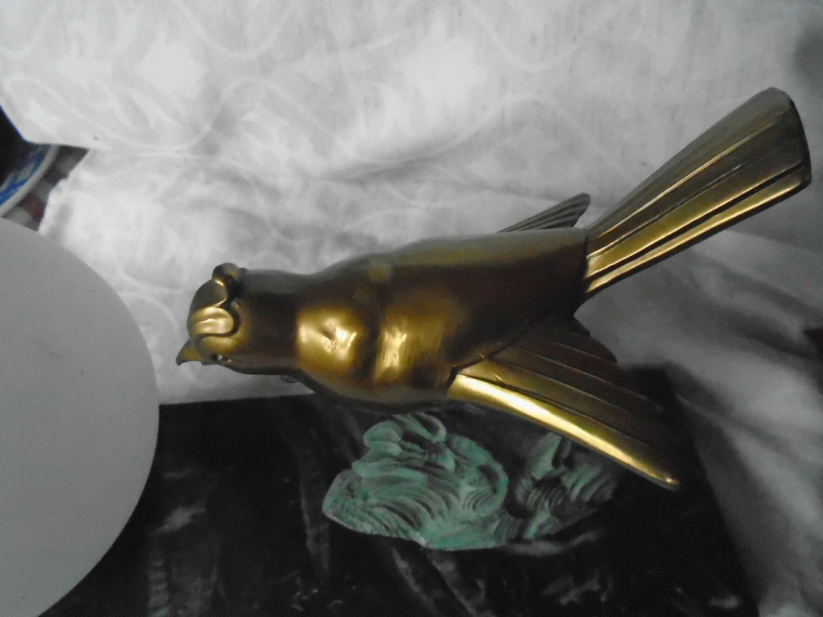 Vintage Art Deco French Marble, Brass And Glass Table Lamp, Gold Brass Bird And White Globe Shade photo for sale