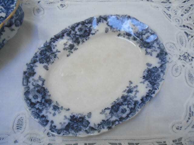 Antique Adderley English White And Blue Floral Ironstone Serving Plate, Oval Dish, Eton Indigo Blue