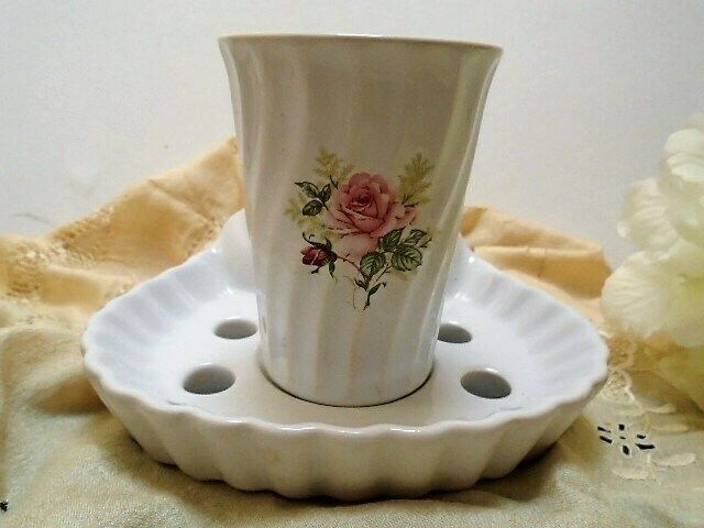 photo for sale Vintage French White Porcelain Shell Tooth Brush Holder And Beaker, Wall Mountable With Pink Rose Motif
