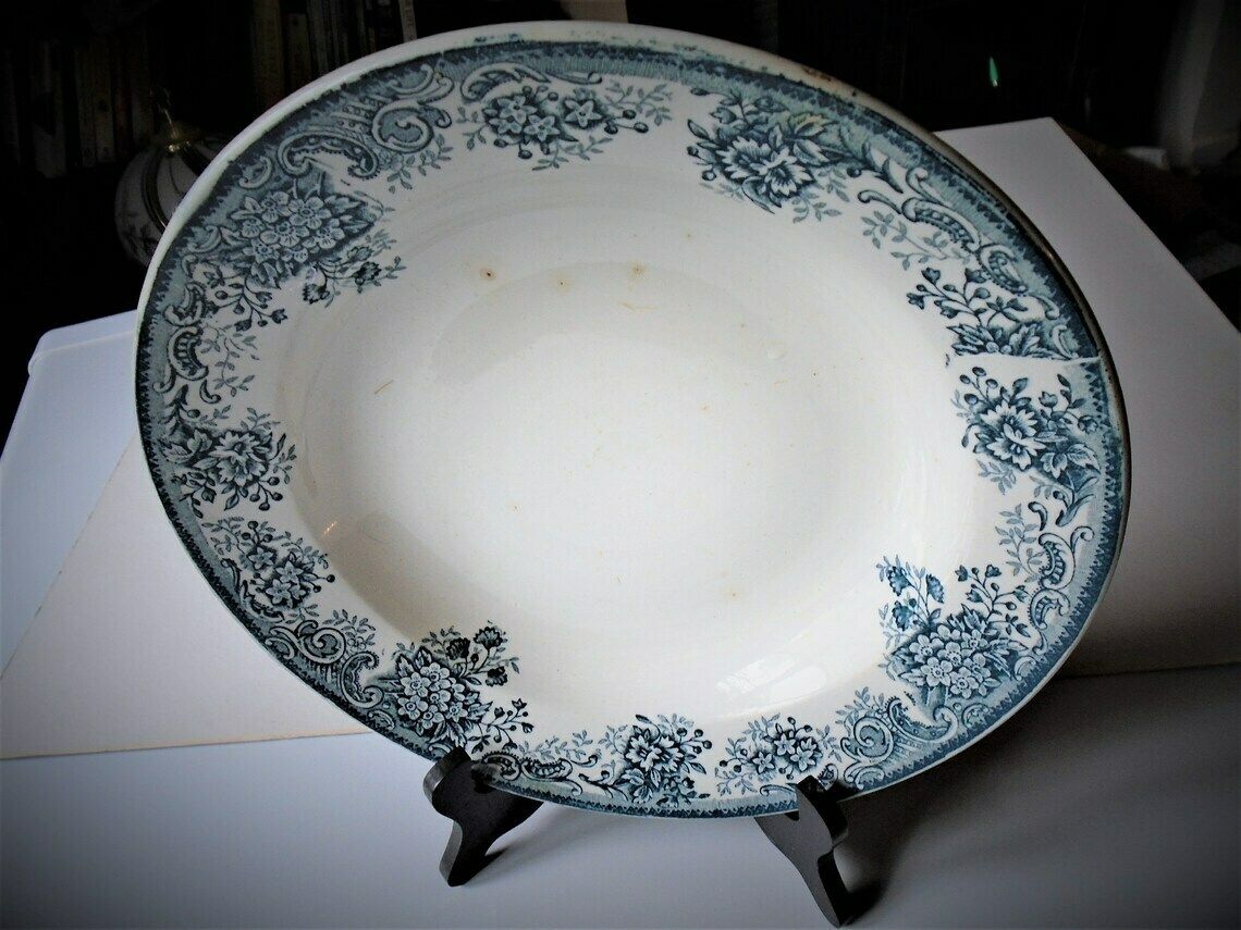Antique French Ironstone Cream And Green Blue Transferware Serving Dish St. Amandinoise Printania