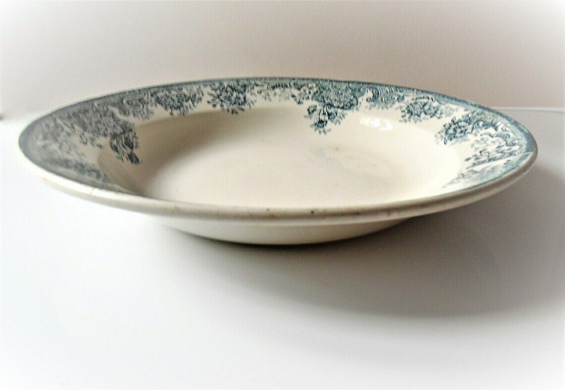 Antique French Ironstone Cream And Green Blue Transferware Serving Dish St. Amandinoise Printania photo vintage